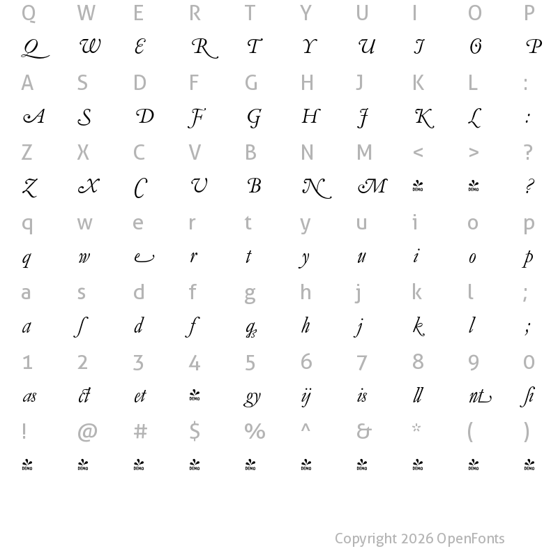 Character Map of FONTSPRING DEMO - Garamond Elegant Swash Italic