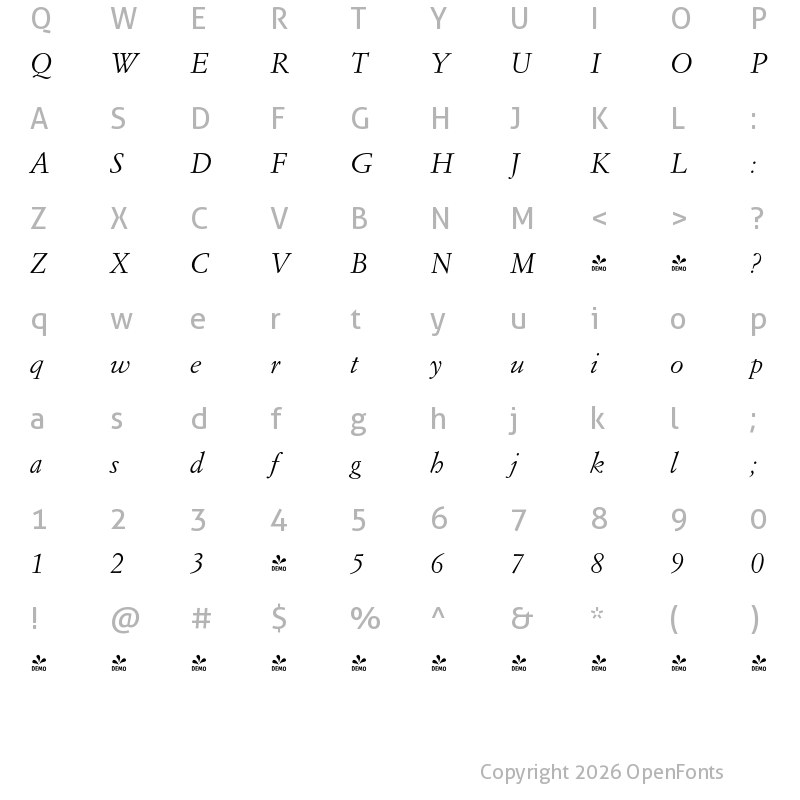 Character Map of FONTSPRING DEMO - Garamond Italian Italic