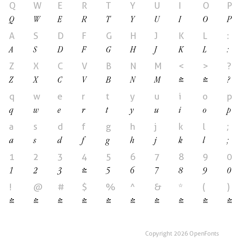 Character Map of FONTSPRING DEMO - Garamond Modern FS Lt Italic