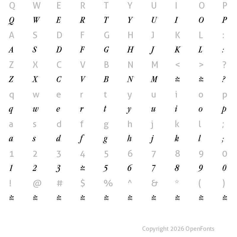 Character Map of FONTSPRING DEMO - Garamond Nova Pro Cd Italic