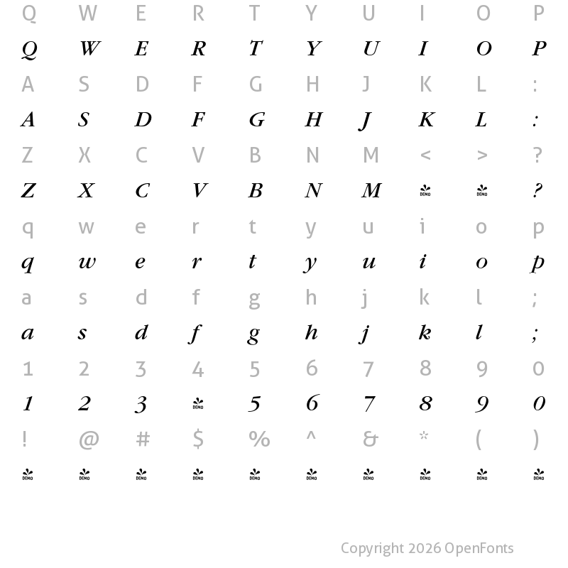 Character Map of FONTSPRING DEMO - Garamond Nova Pro Italic