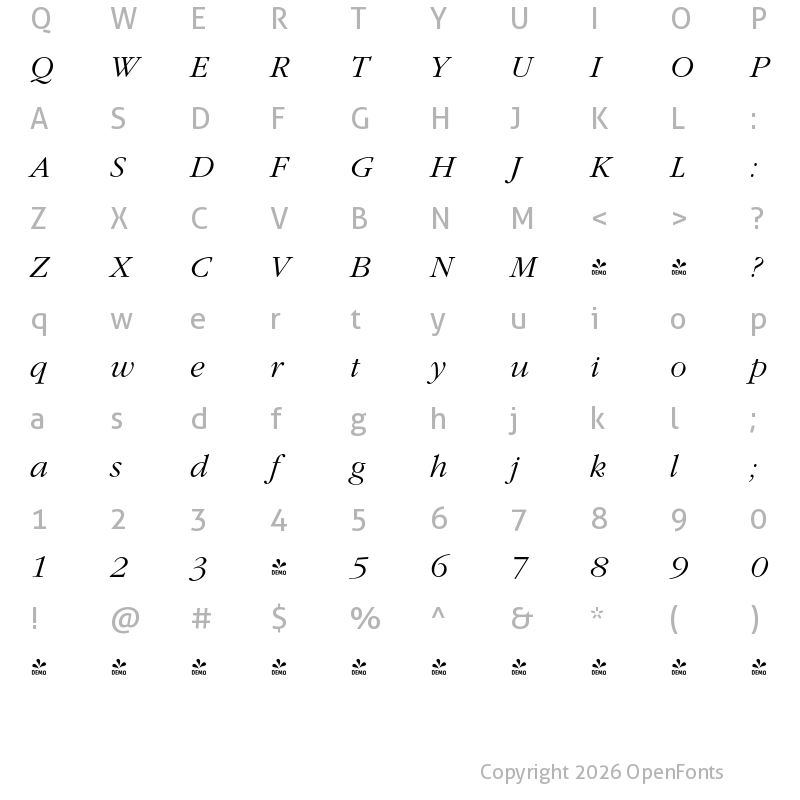 Character Map of FONTSPRING DEMO - Garamond Nova Pro Light Italic