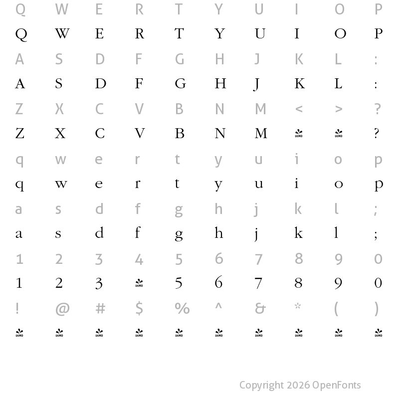 Character Map of FONTSPRING DEMO - Garamond Nova Pro Light Regular