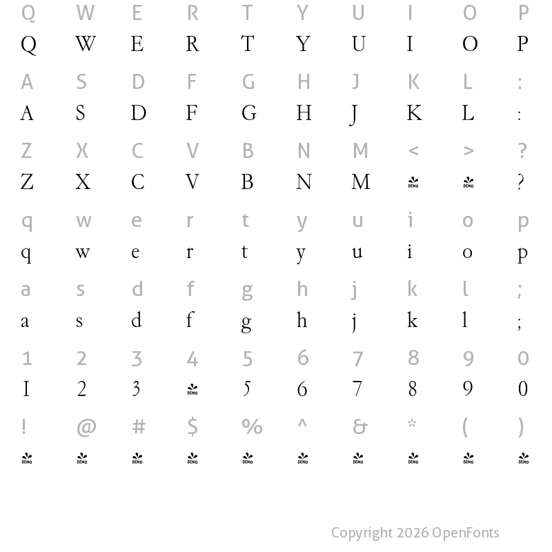 Character Map of FONTSPRING DEMO - Garamond Serial Xlight Regular