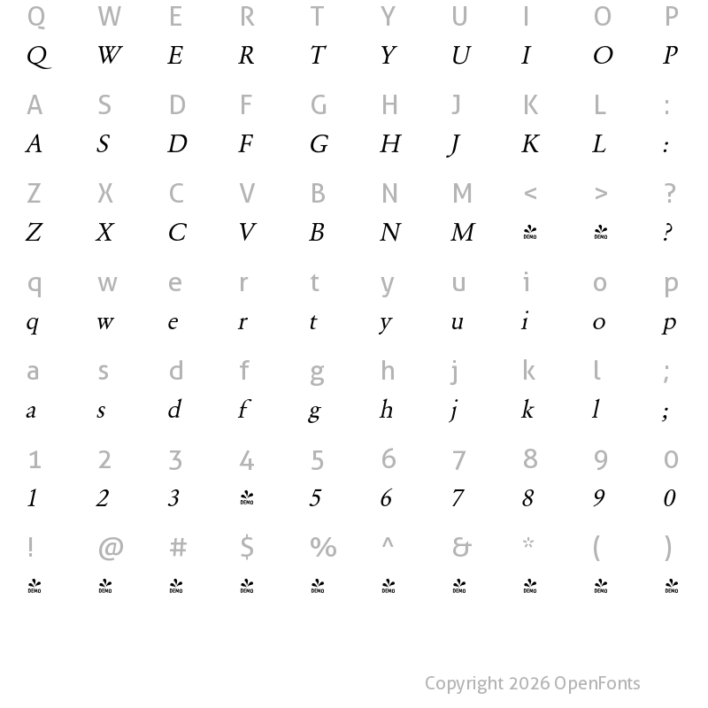 Character Map of FONTSPRING DEMO - GaramondURW Italic