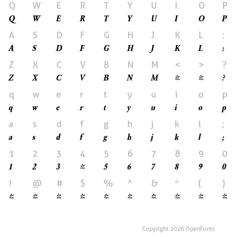 Character Map of FONTSPRING DEMO - GaramondURWExtNar Bold Italic