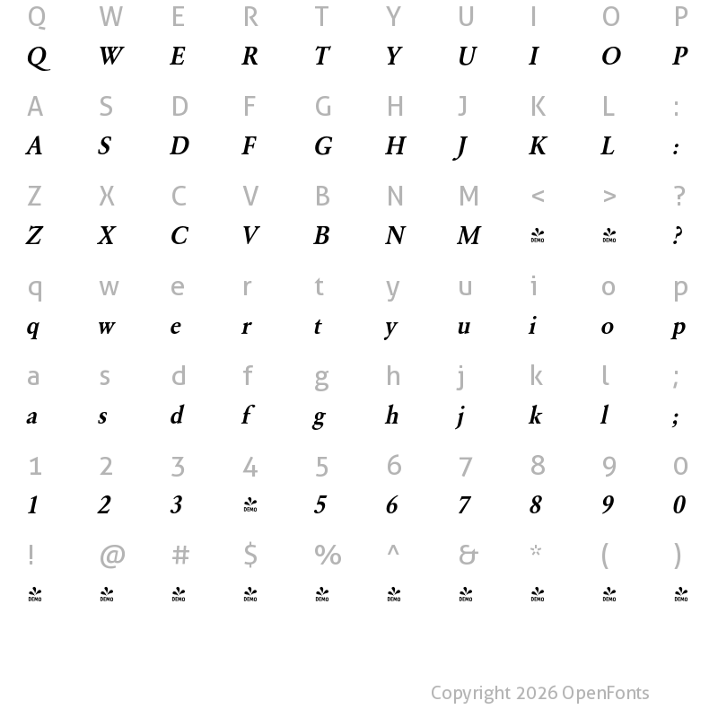 Character Map of FONTSPRING DEMO - GaramondURWNarDem Italic