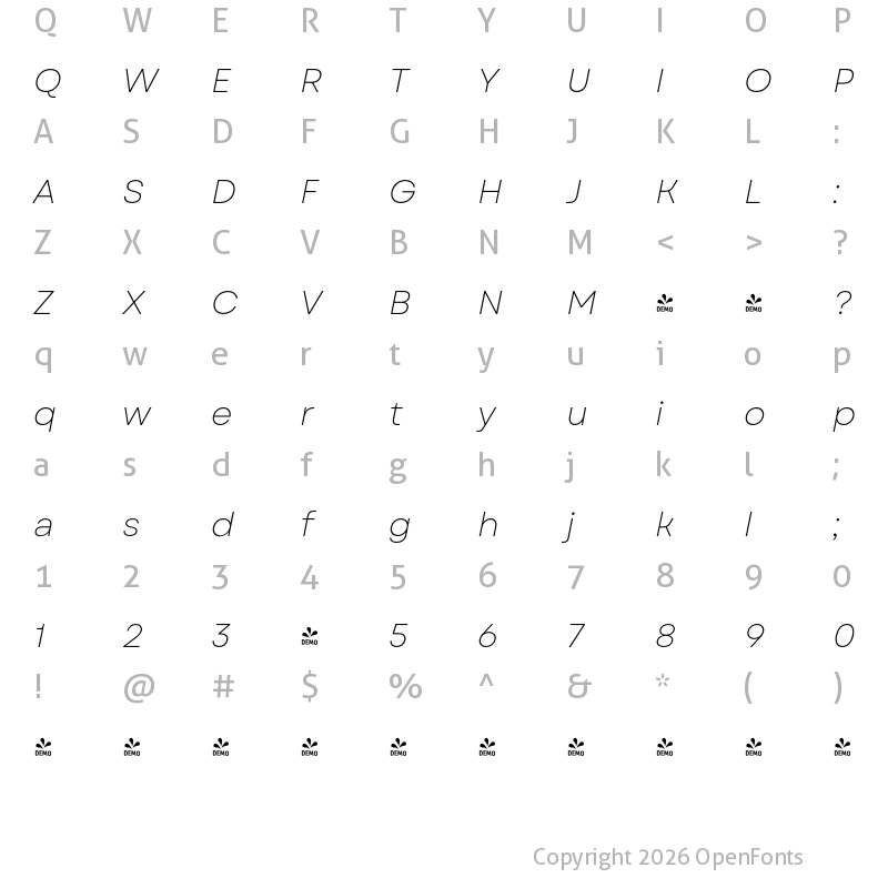 Character Map of FONTSPRING DEMO - Garet Light Italic