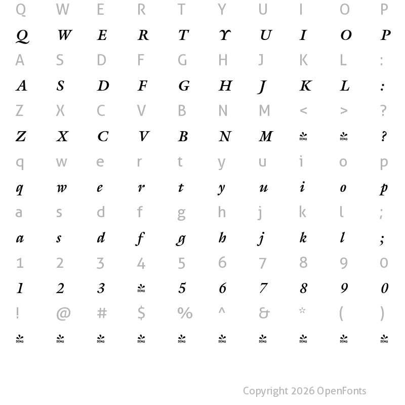 Character Map of FONTSPRING DEMO - Gareth Pro Bold Italic