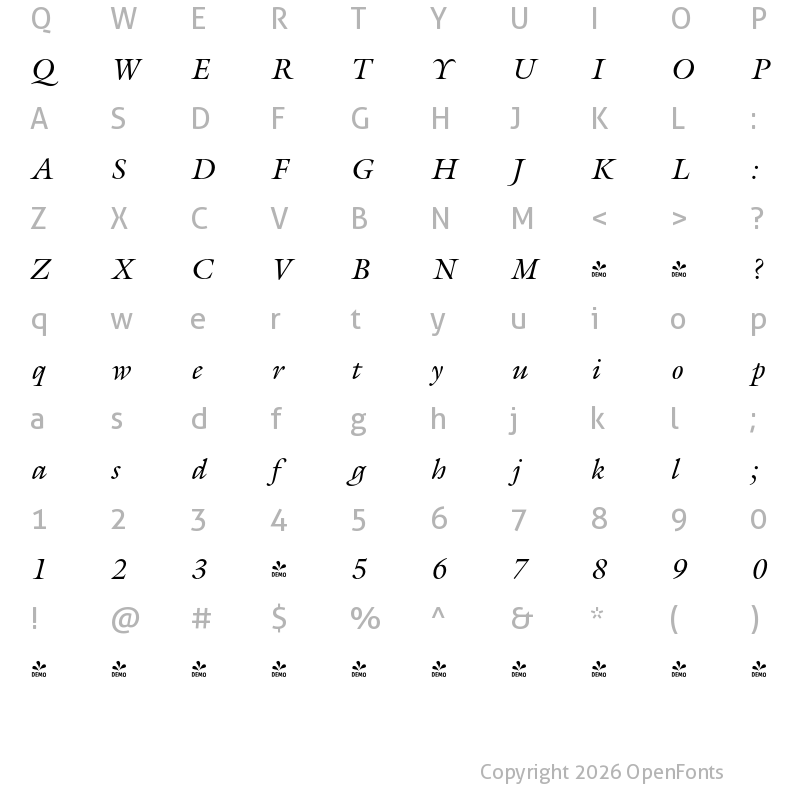 Character Map of FONTSPRING DEMO - Gareth Pro Italic
