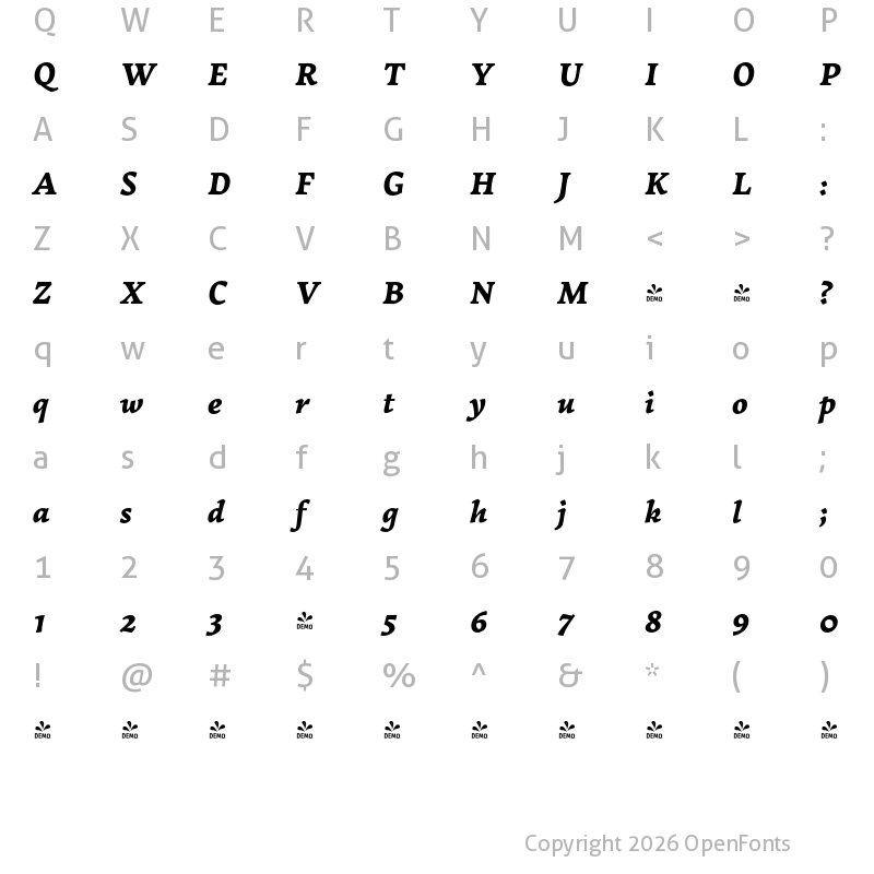 Character Map of FONTSPRING DEMO - Garibaldi Black Italic