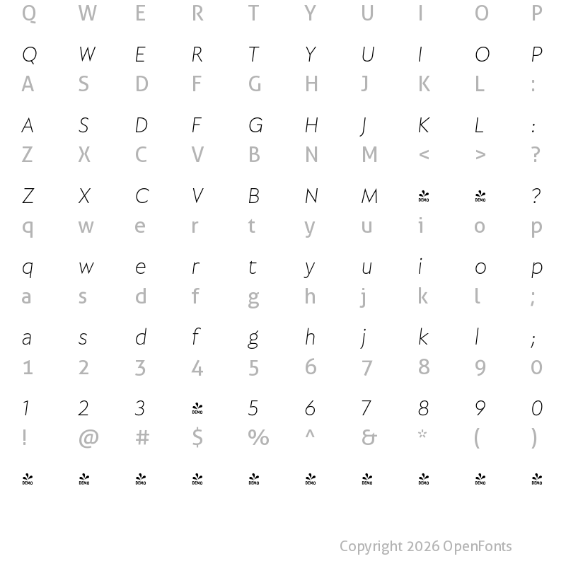 Character Map of FONTSPRING DEMO - Garrison Thin Oblique Regular