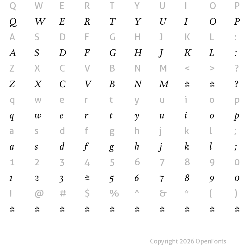 Character Map of FONTSPRING DEMO - Garvis Pro Italic