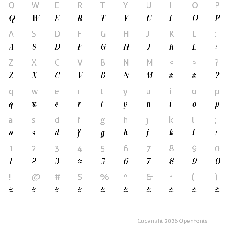 Character Map of FONTSPRING DEMO - Gatara Bold Italic Regular