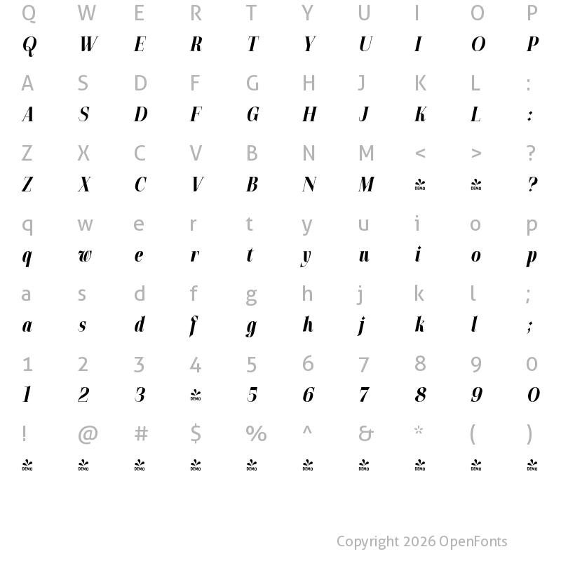 Character Map of FONTSPRING DEMO - Gatara Extra Bold Italic Regular