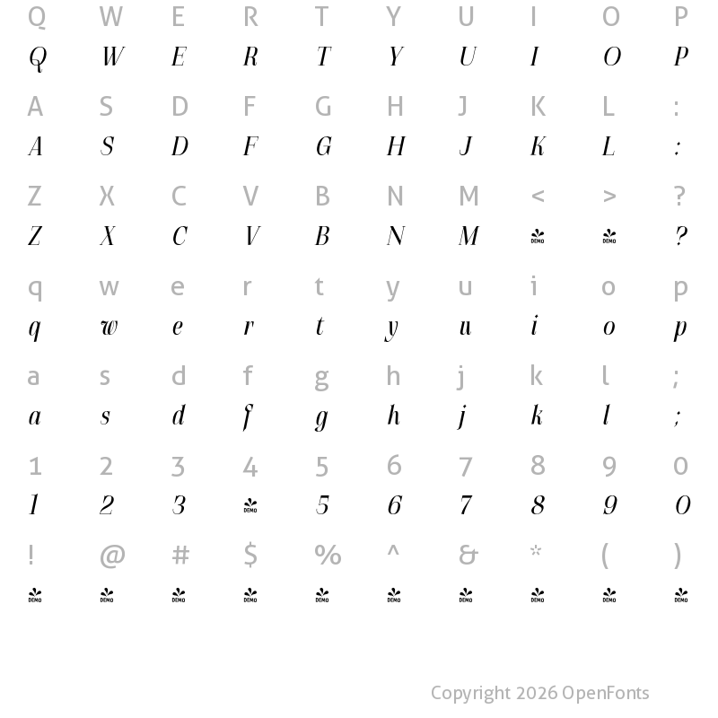 Character Map of FONTSPRING DEMO - Gatara Medium Italic Regular