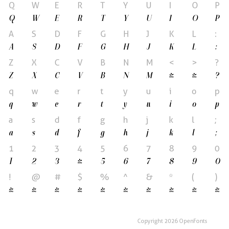 Character Map of FONTSPRING DEMO - Gatara Semi Bold Italic Regular