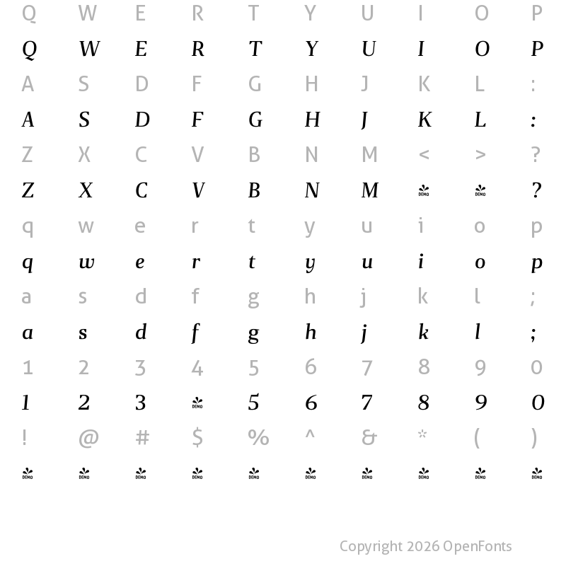 Character Map of FONTSPRING DEMO - Gazeta Medium Italic Italic