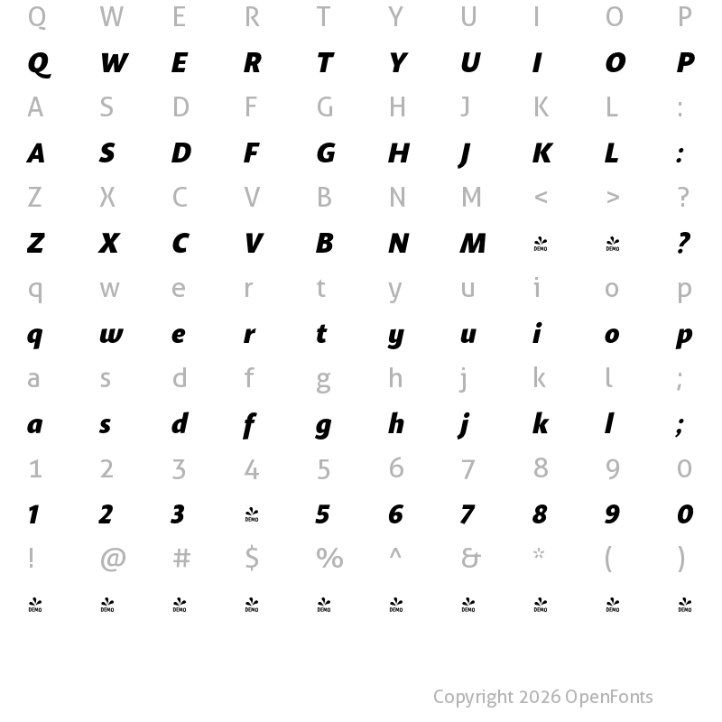 Character Map of FONTSPRING DEMO - Gelato Sans Bold Italic