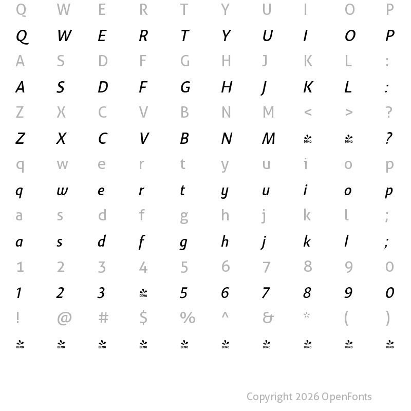 Character Map of FONTSPRING DEMO - Gelato Sans Italic