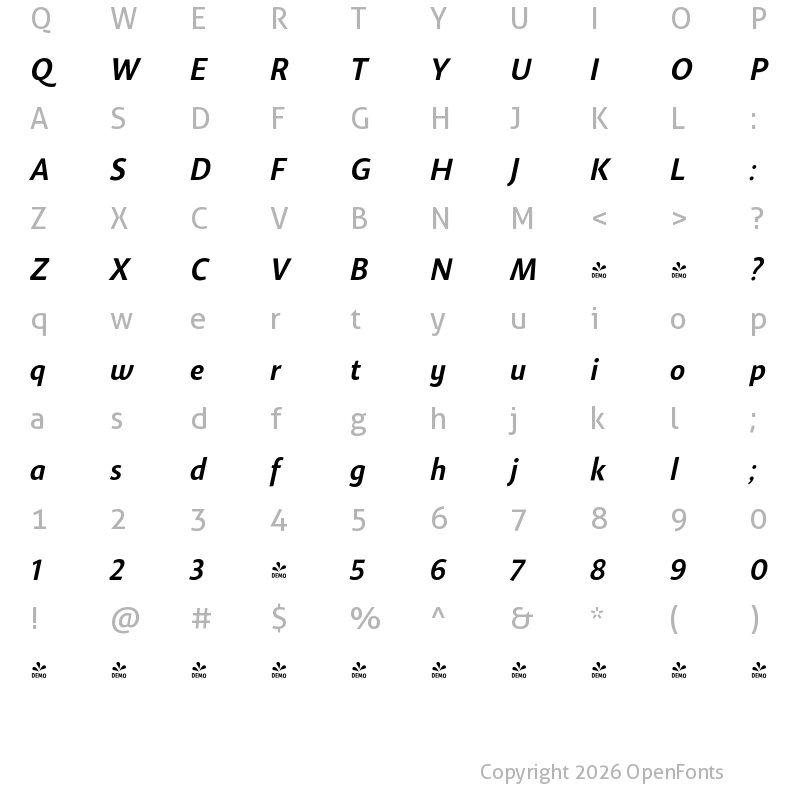 Character Map of FONTSPRING DEMO - Gelato Sans Medium Italic