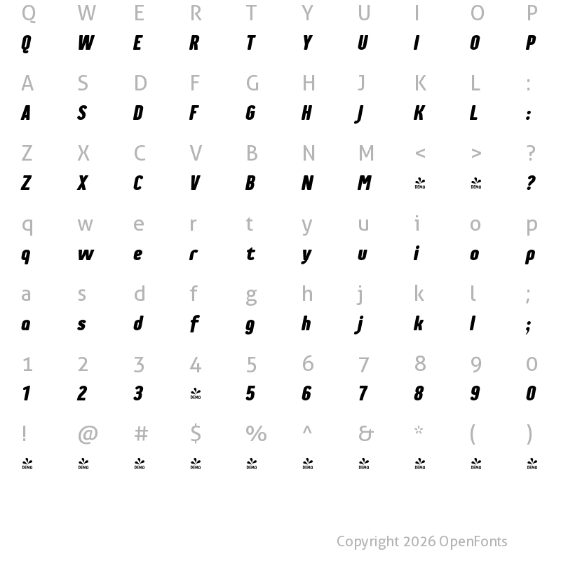 Character Map of FONTSPRING DEMO - Genesa Black Italic