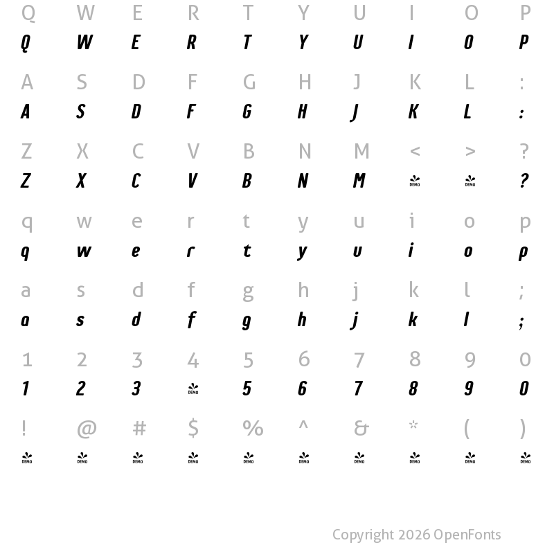 Character Map of FONTSPRING DEMO - Genesa Bold Italic