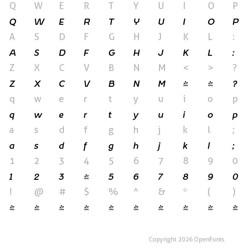 Character Map of FONTSPRING DEMO - GeoDeco DemiBold Italic