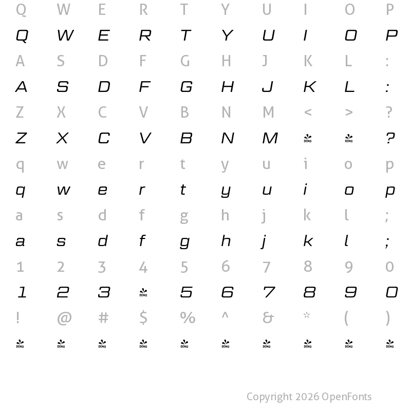 Character Map of FONTSPRING DEMO - Geom Graphic Light Italic Regular