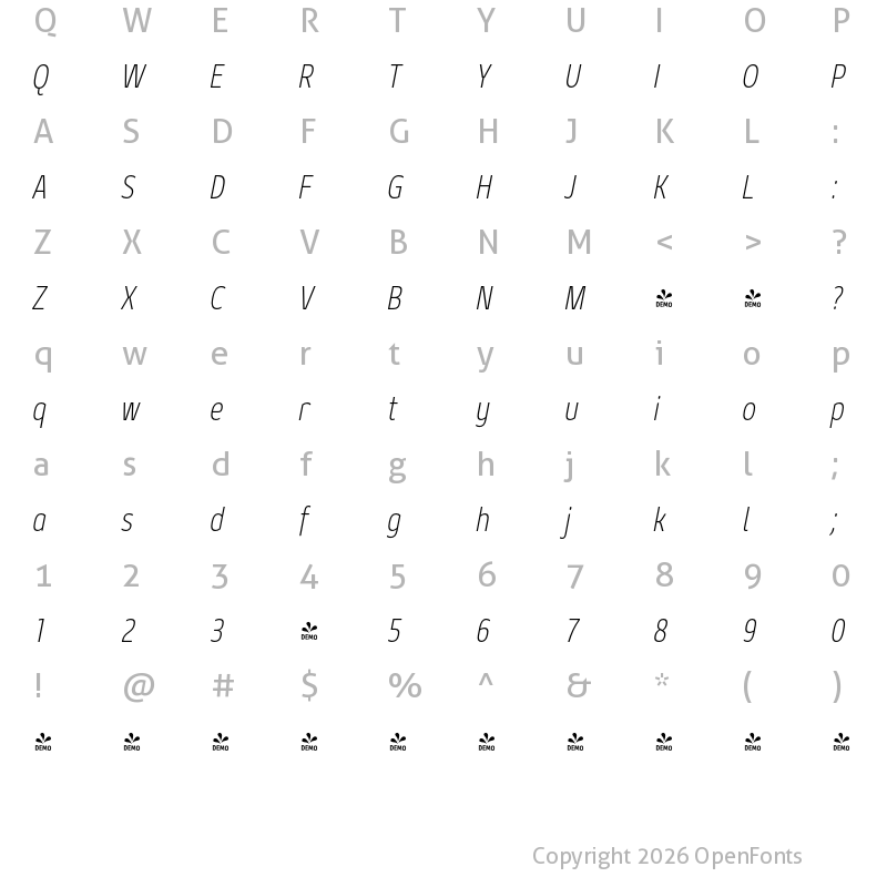 Character Map of FONTSPRING DEMO - Geon Condensed ExtraLight Italic