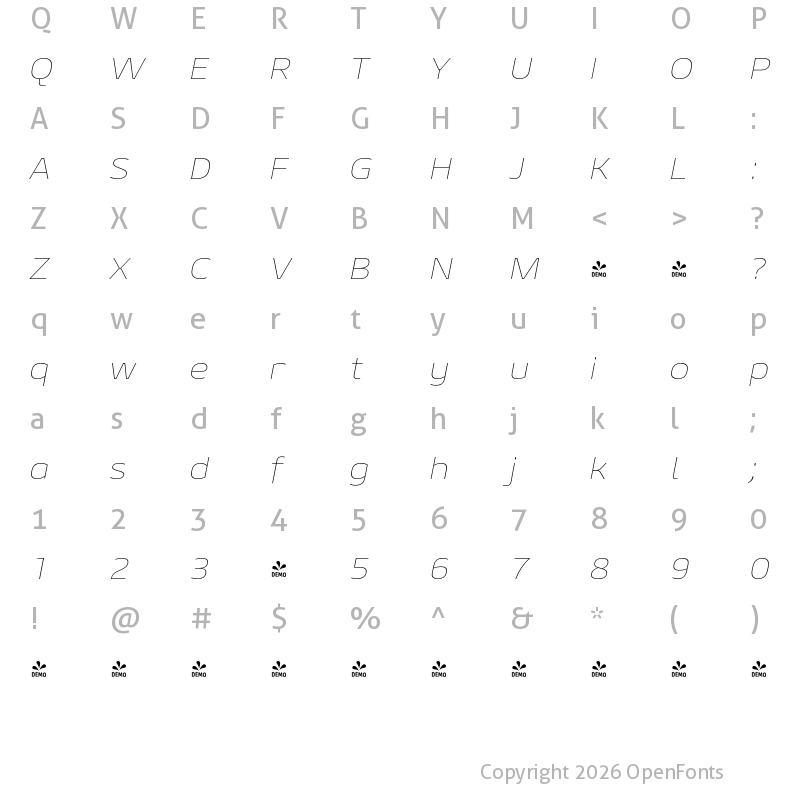 Character Map of FONTSPRING DEMO - Geon Expanded Thin Italic