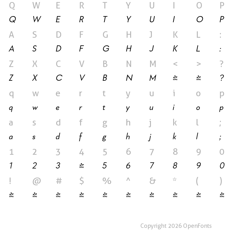 Character Map of FONTSPRING DEMO - Geraldton Italic