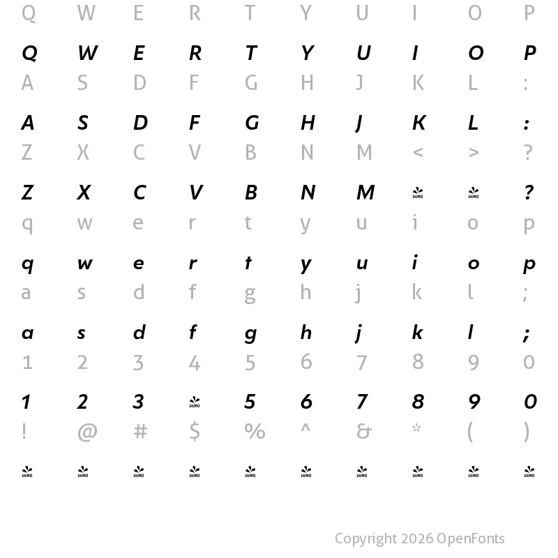Character Map of FONTSPRING DEMO - Gezart SemiBoldItalic Regular