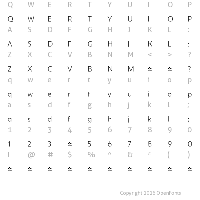 Character Map of FONTSPRING DEMO - Gezart SemiLight Regular
