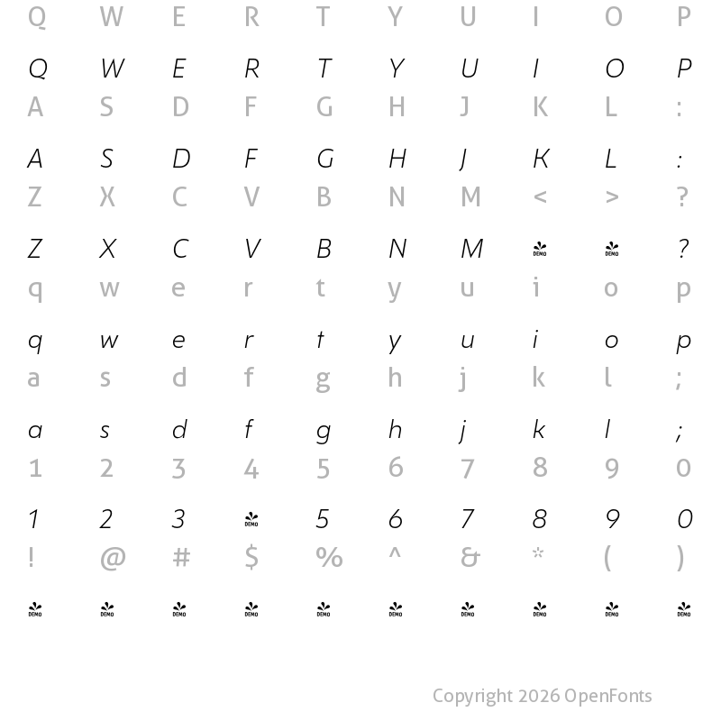 Character Map of FONTSPRING DEMO - Gezart SemiLightItalic Regular