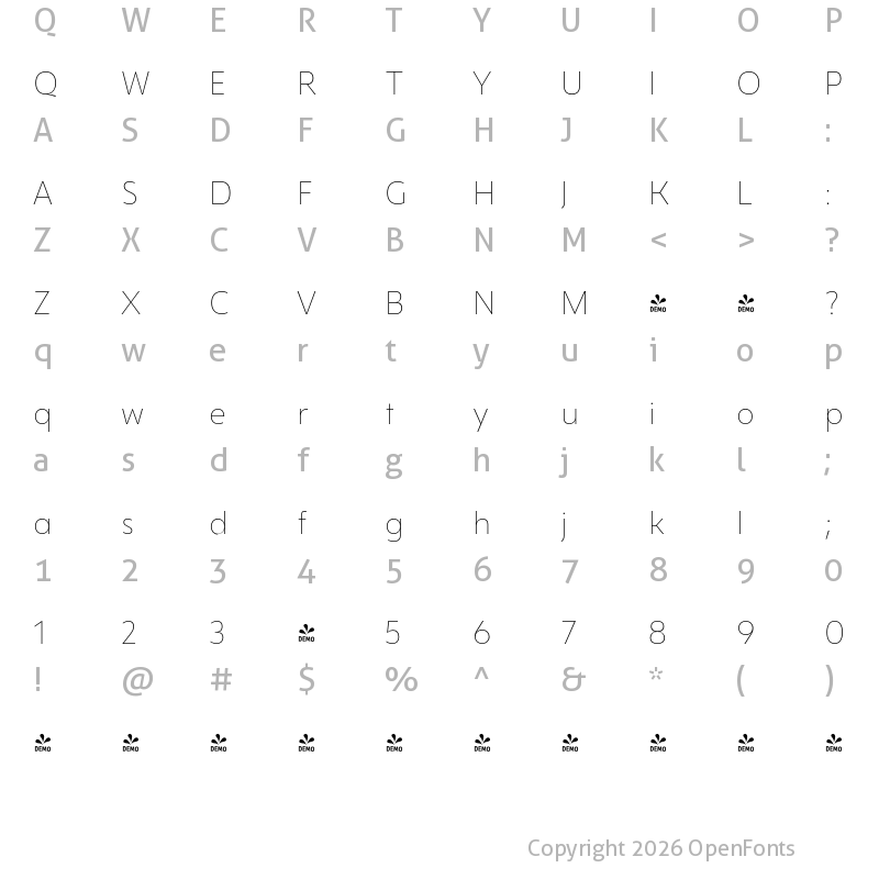 Character Map of FONTSPRING DEMO - Gezart Thin Regular