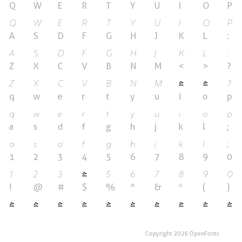 Character Map of FONTSPRING DEMO - Gezart UltraThinItalic Regular