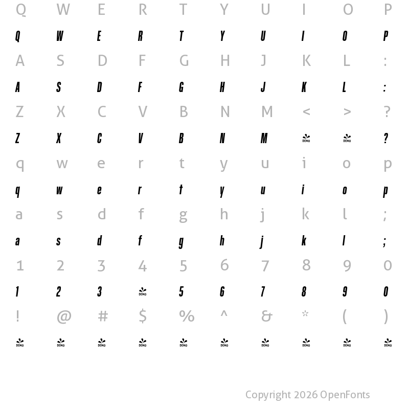Character Map of FONTSPRING DEMO - GGX89 Compressed Hv Italic