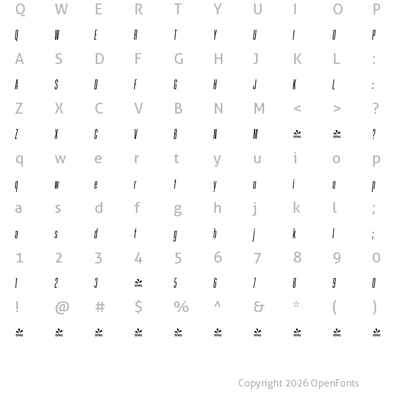 Character Map of FONTSPRING DEMO - GGX89 Crammed Bk Italic