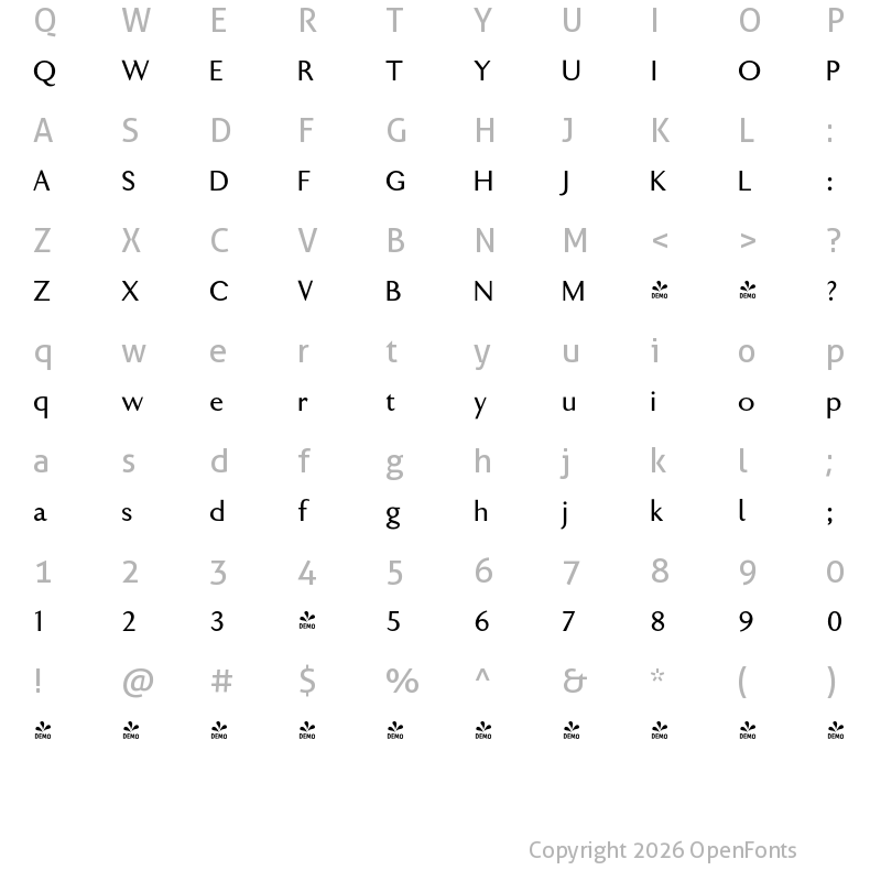 Character Map of FONTSPRING DEMO - Gill New Antique Med Regular