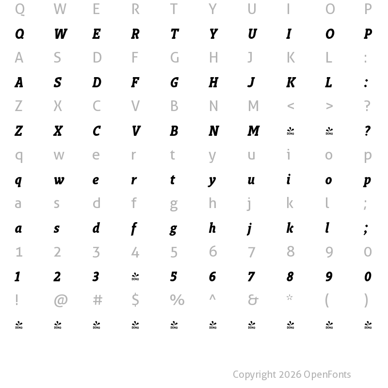 Character Map of FONTSPRING DEMO - Gimbal Egyptian Condensed Bold Italic