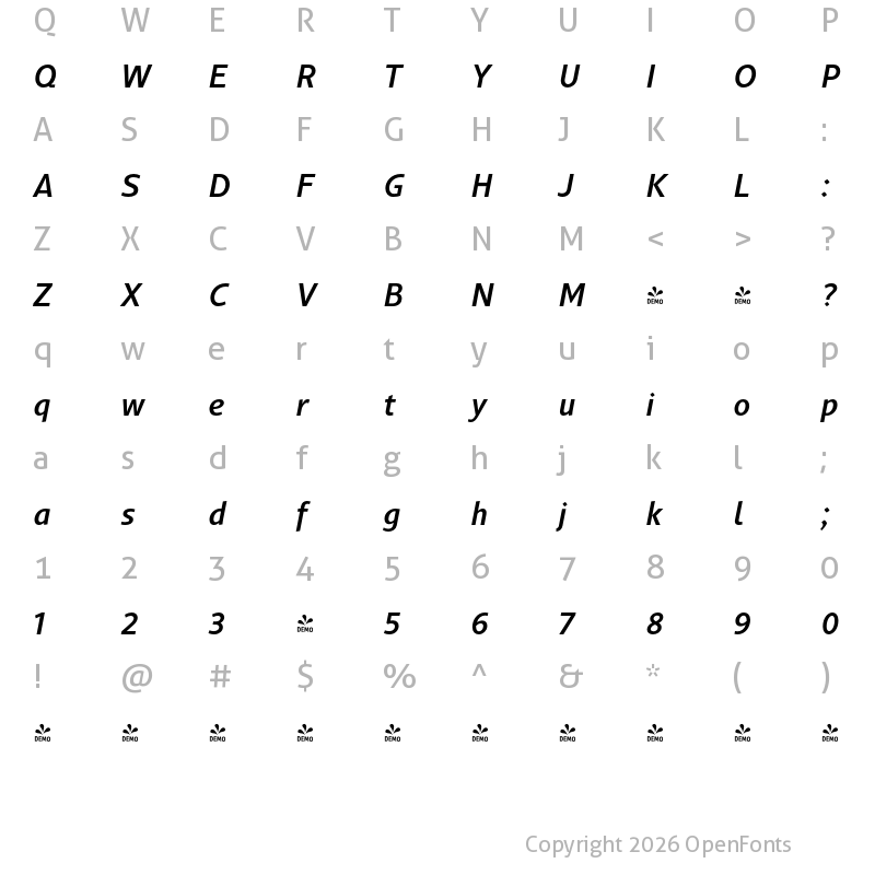 Character Map of FONTSPRING DEMO - Gimbal Grotesque Medium Italic