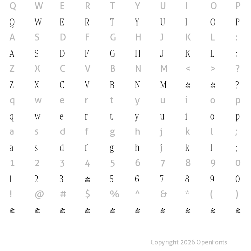 Character Map of FONTSPRING DEMO - Gio Condensed Extralight Regular
