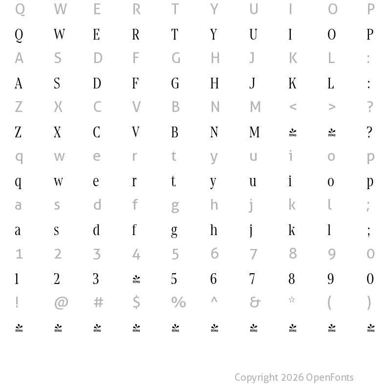 Character Map of FONTSPRING DEMO - Gio Condensed Light Regular