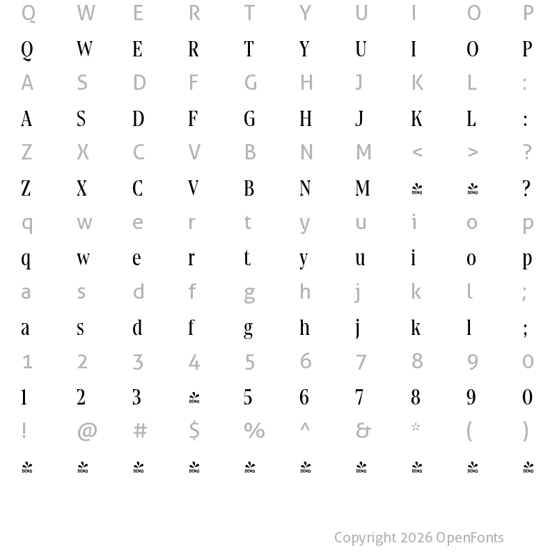 Character Map of FONTSPRING DEMO - Gio Condensed Regular