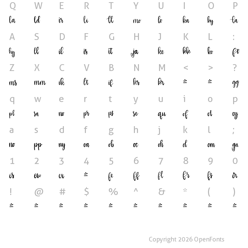 Character Map of FONTSPRING DEMO - Girlfriend Alternates Regular
