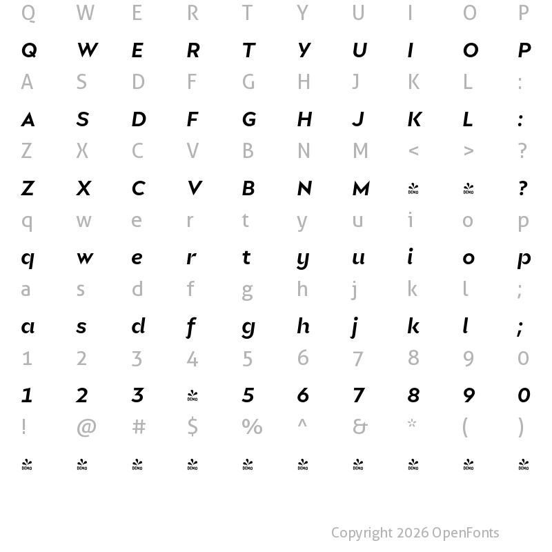 Character Map of FONTSPRING DEMO - Glance Sans Bold Italic