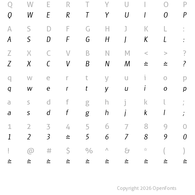 Character Map of FONTSPRING DEMO - Glasgow Serial Light Italic