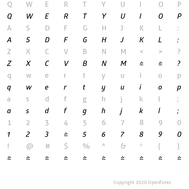 Character Map of FONTSPRING DEMO - Glober SemiBold Italic