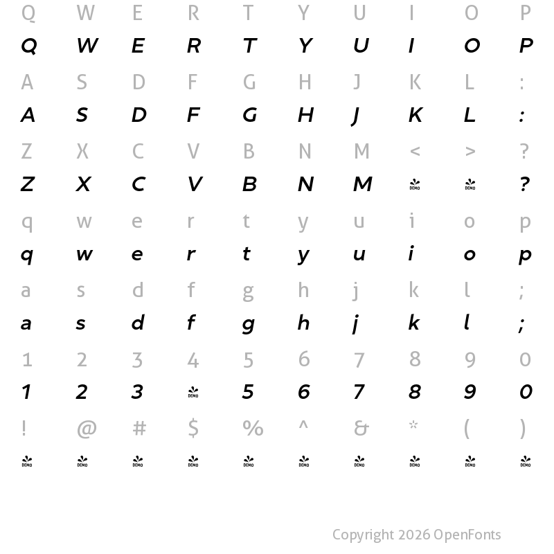 Character Map of FONTSPRING DEMO - Golca SemBd Italic